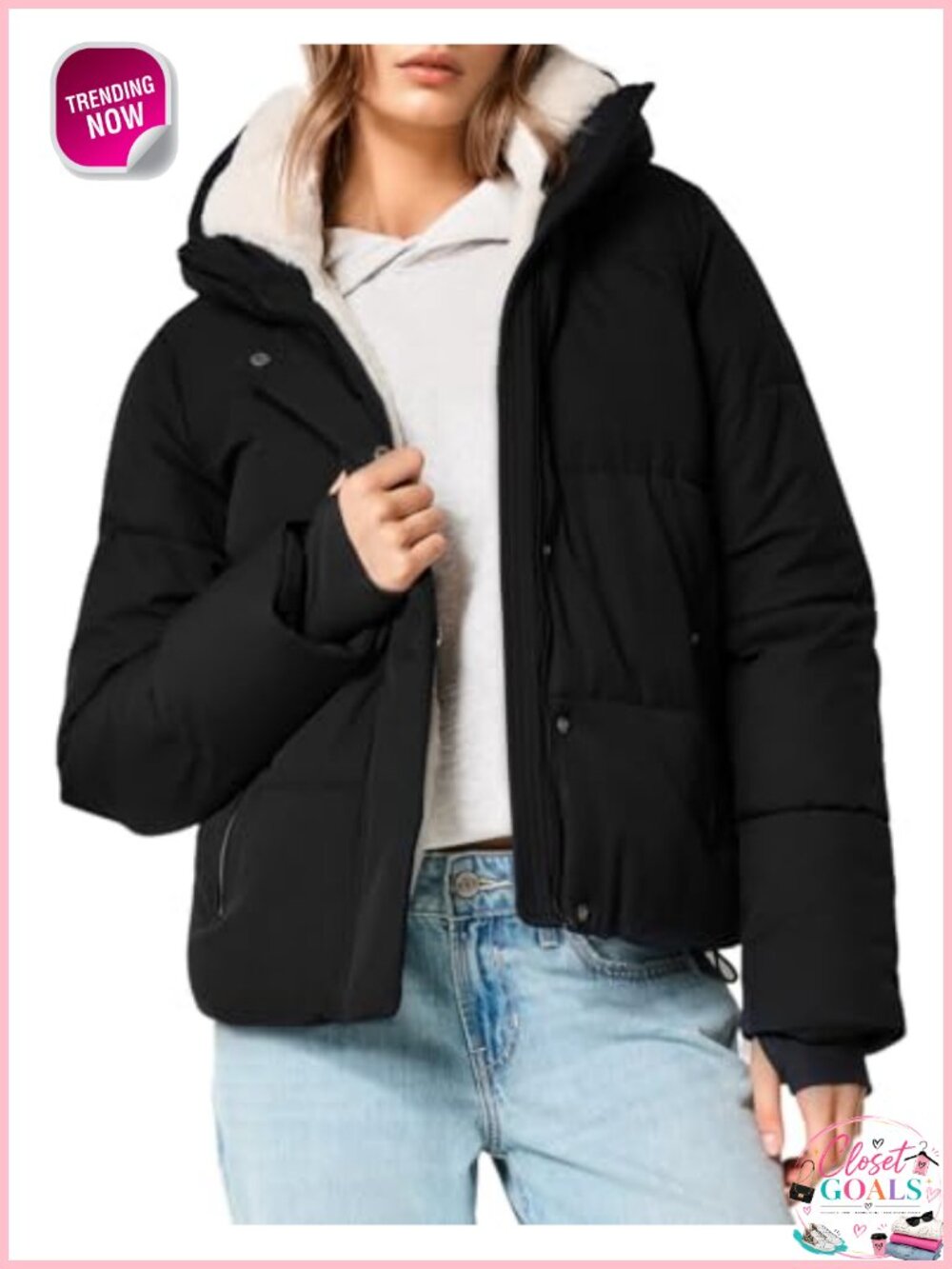 Cropped Puffer Jacket Faux Fur Lined Quilted Hooded Winter Coat Zip
